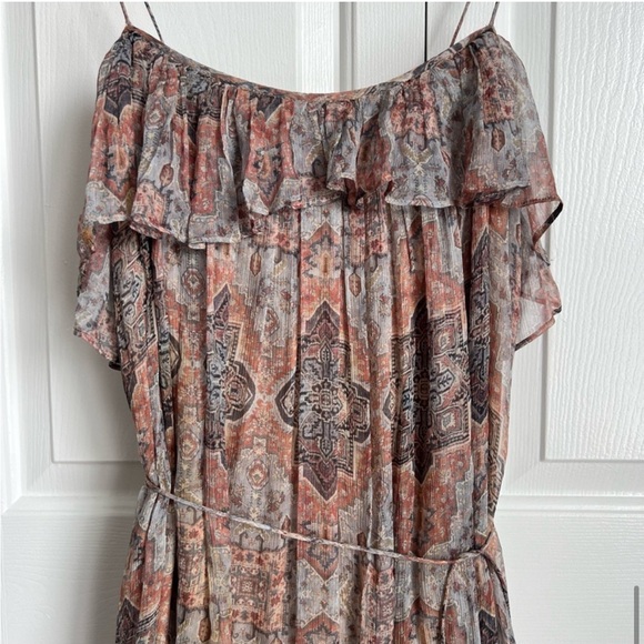 100% Silk Zimmermann Dress - Pleated Chiffon Ruffle Dress Boho Pink and Gray - Picture 13 of 16